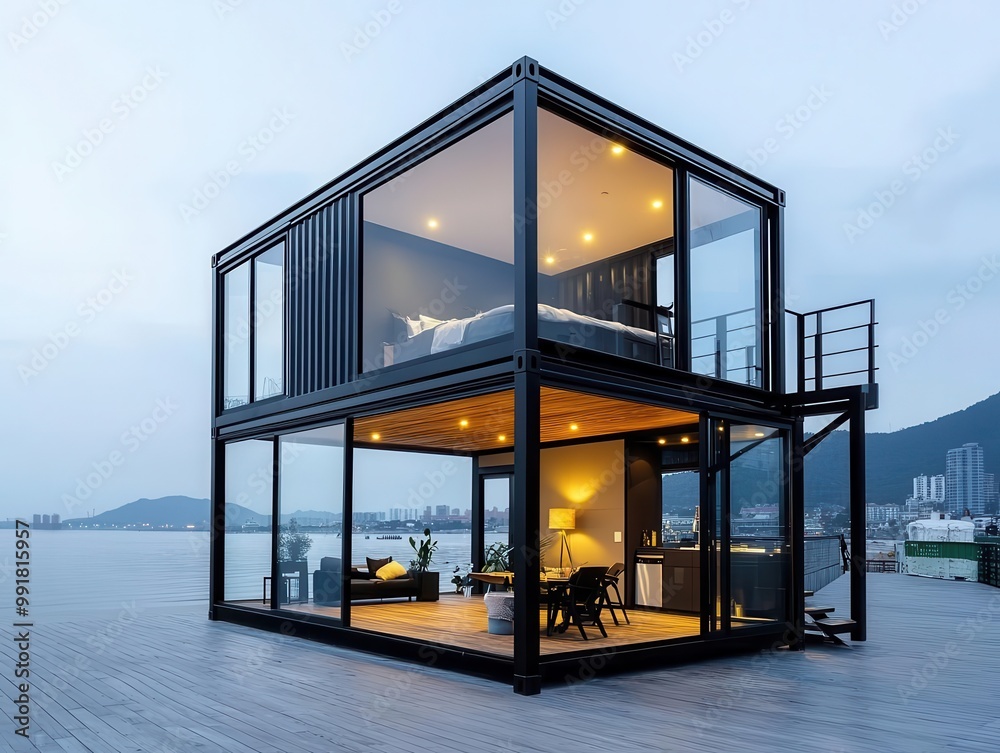 Single container house with an exposed steel frame and minimalist interior elements, exposed frame, industrial minimalism Single container house with an exposed steel frame and minimalist interior elements, exposed frame, industrial minimalism