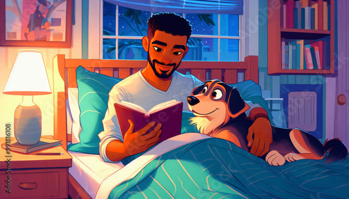 Cozy Reading: Man with Dog Companion. Generative AI