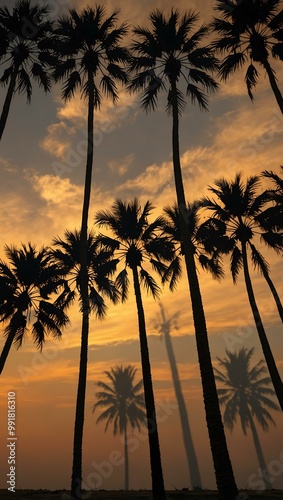 Sunset behind tall palm trees casting long shadows.