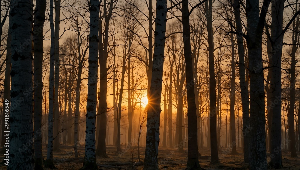 Sunset in a forest with bare trees.
