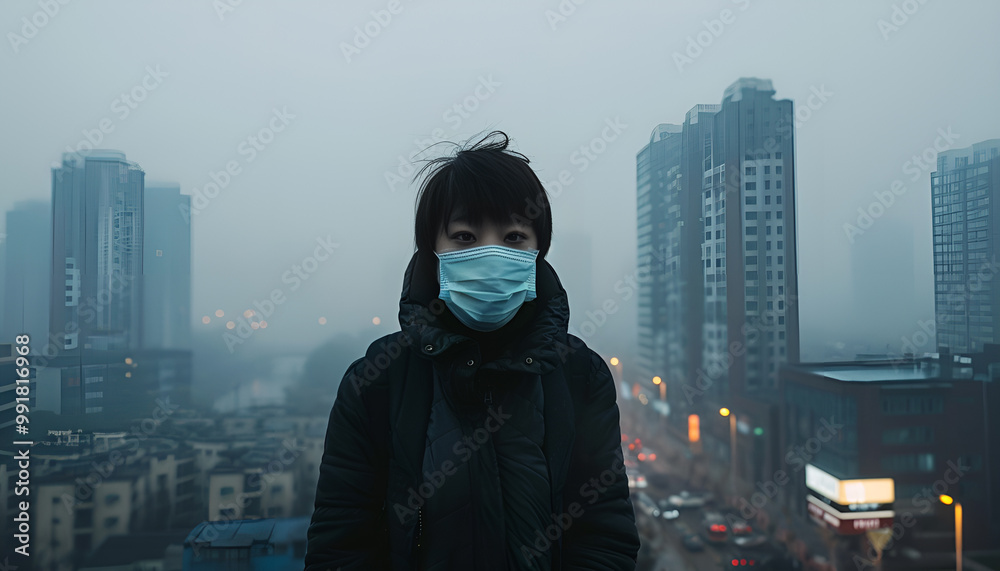 A person wearing a mask stands in a smog-filled city, highlighting urban air pollution issues A person wearing a mask stands in a smog-filled city, highlighting urban air pollution issues