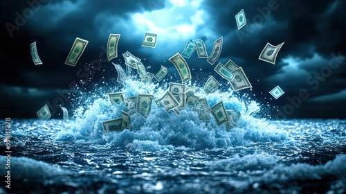 A tumultuous scene featuring banknotes flying through a stormy sea, driven by strong winds and dark clouds, creating a chaotic yet captivating image.