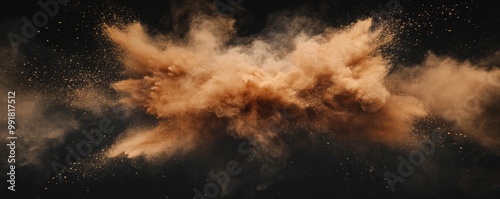 Abstract Brown Powder Explosion on Black Background, photography, dark, dust, smoke, explosion , abstract