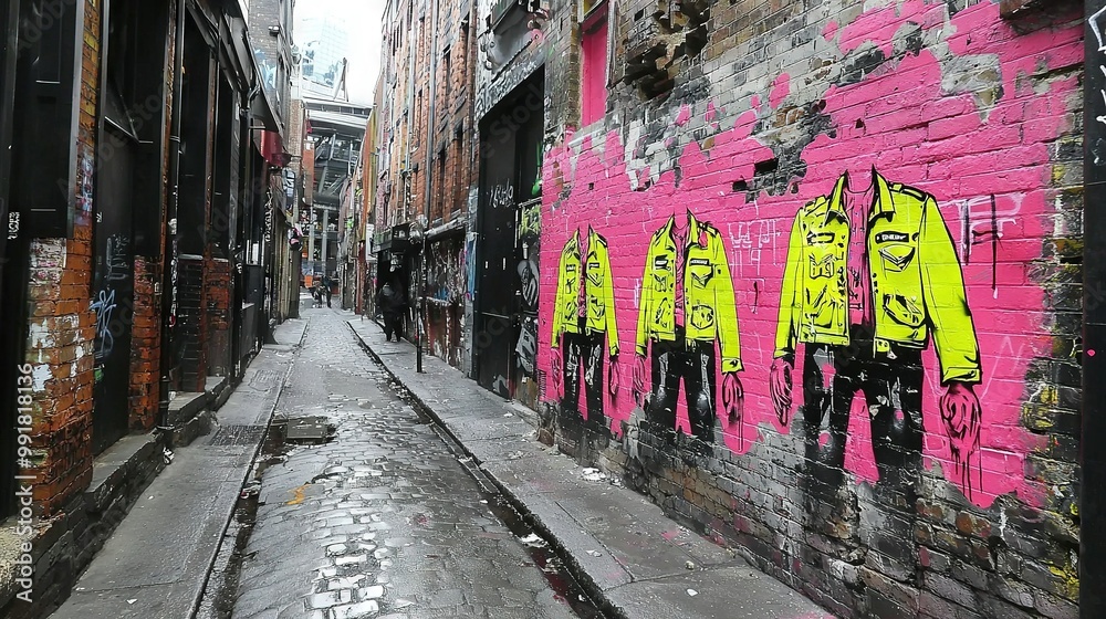 Fototapeta premium A bustling city street adorned with vibrant graffiti on building facades and a lone individual strolling leisurely in the foreground