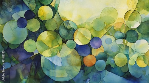 Abstract Watercolor Circles in Greens and Blues, watercolor, abstract art, circles , abstract art, watercolor painting , circle art