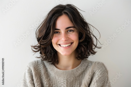 Dark brown hair woman with smooth hair, on a white background, elegant look.