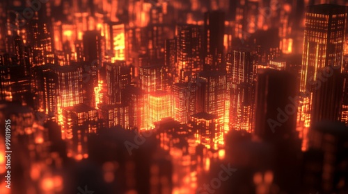 Burning Cityscape - Digital Illustration of a futuristic city lit up with vibrant orange hues, city lights, glowing windows, urban, nightlife, architecture,