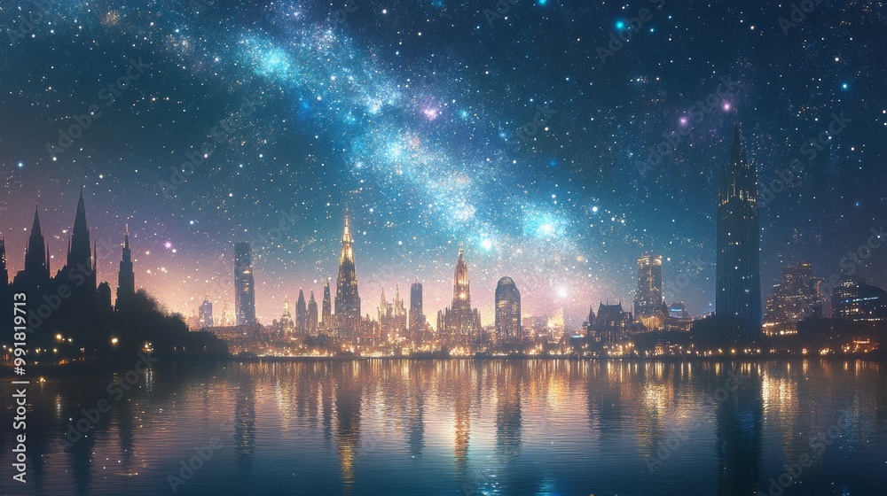 Fototapeta premium City Skyline Reflected in Water Under Starry Night, cityscape, night photography, city lights
