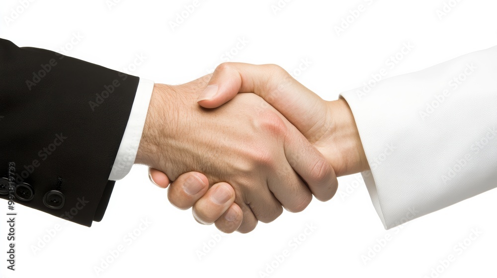 Close-up of two hands shaking, one in a black suit and the other in a white shirt, symbolizing partnership and agreement, handshake ,business deal ,agreement Close-up of two hands shaking, one in a black suit and the other in a white shirt, symbolizing partnership and agreement, handshake ,business deal ,agreement
