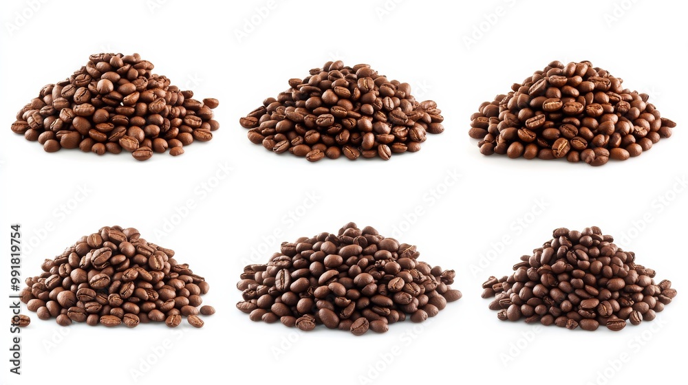 Coffee Beans Pile Composition - Six Piles of Roasted Coffee Beans Isolated on White Background, coffee, bean, roasted, caffeine, energy, beverage Coffee Beans Pile Composition - Six Piles of Roasted Coffee Beans Isolated on White Background, coffee, bean, roasted, caffeine, energy, beverage