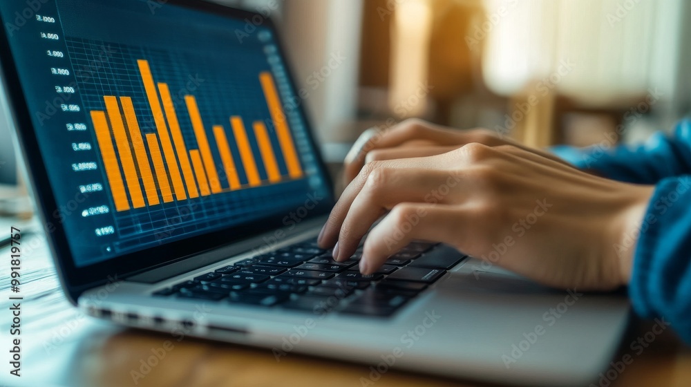 Close-up of Hands Typing on a Laptop with a Bar Chart Graph Display, laptop, computer, data analysis, data visualization, finance, business Close-up of Hands Typing on a Laptop with a Bar Chart Graph Display, laptop, computer, data analysis, data visualization, finance, business