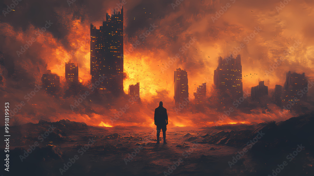 Fototapeta premium Man standing field sky background black metal album cover city fire orange tones twisted lucid dream path exile gold ghosts machine ruined lost despair golden descent. Lost City. Illustration