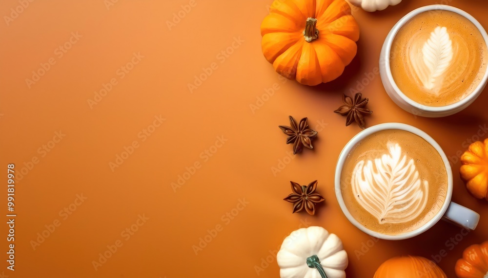 Top view of pumpkins and pumpkin spice lattes on orange background with copy space Top view of pumpkins and pumpkin spice lattes on orange background with copy space