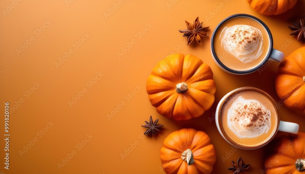 Top view of pumpkins and pumpkin spice lattes on orange background with copy space Top view of pumpkins and pumpkin spice lattes on orange background with copy space