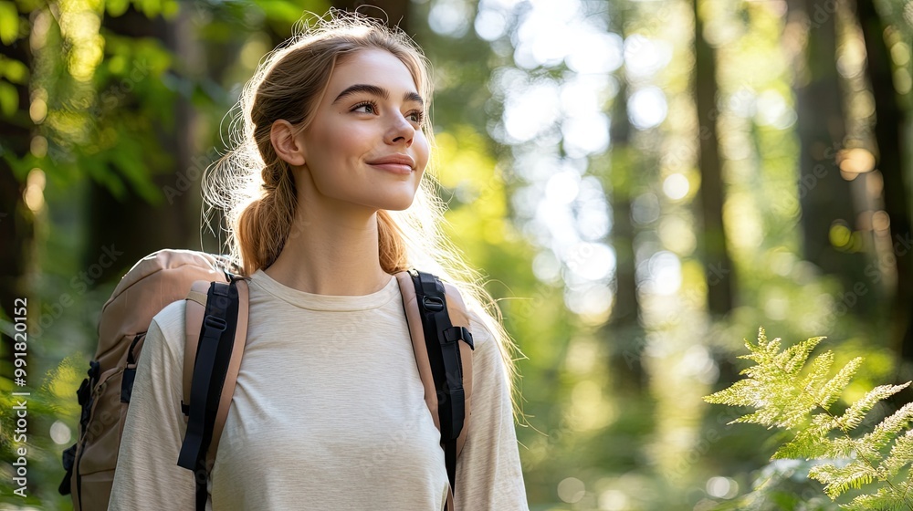 Young Woman Hiking in Serene Forest Environment Young Woman Hiking in Serene Forest Environment