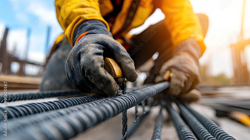 Worker Installing Rebar at Construction Site Worker Installing Rebar at Construction Site
