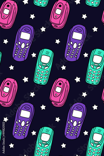 Vintage seamless pattern with neon colored phones from 2000s. Vector retro technology concept. Ideal for kids textile, stationary, wrapping paper, wallpaper