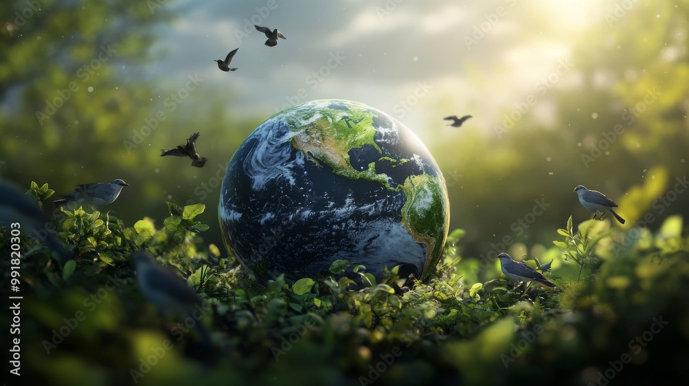 Earth Nestled in Green Foliage, Digital Art, Birds, Globe, Nature, environment , planet Earth Nestled in Green Foliage, Digital Art, Birds, Globe, Nature, environment , planet
