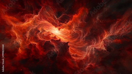 Fiery Nebula A Swirling Vortex of Red and Orange Hues, Digital Art, Space, Galaxy, Nebula, Stars, Cosmic