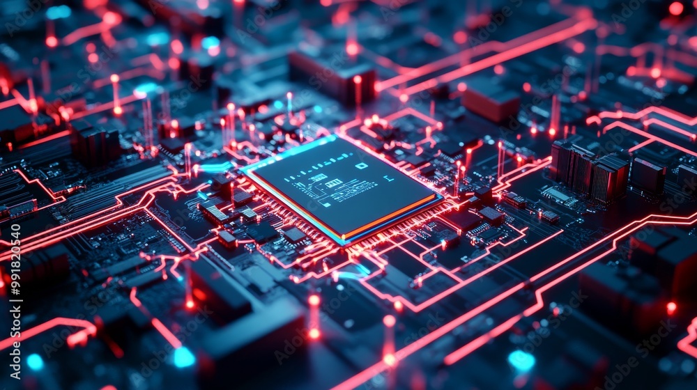 Glowing Red Circuitry with Central Processor, 3D Render, Cyberpunk, Motherboard, Technology, Circuit Board, Technology Glowing Red Circuitry with Central Processor, 3D Render, Cyberpunk, Motherboard, Technology, Circuit Board, Technology