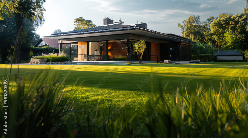Obraz premium A large house with a large lawn and a lot of greenery. The house is surrounded by trees and has a lot of windows.