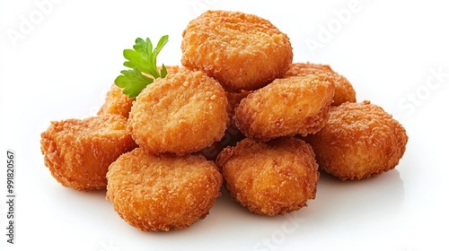 Golden Brown Fried Chicken Nuggets, White Background, Close Up, Fast Food, Appetizer, Snack, Dinner