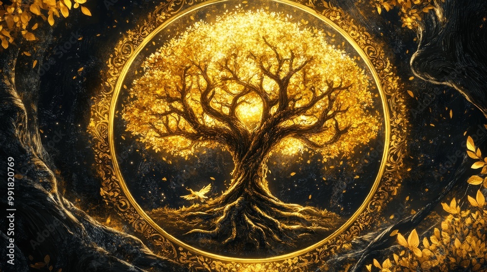 Naklejka premium Golden Tree of Life in Ornate Frame, Digital Art, Fantasy, Tree of Life, Golden Tree, Fantasy Art
