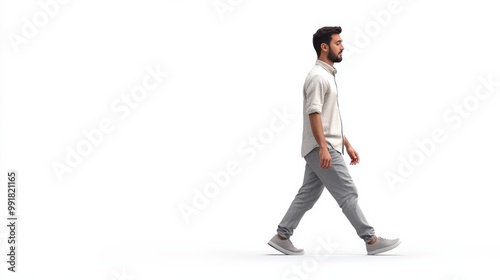 Man Walking Sideways in Casual Clothes, 3D Render, Side View, Casual Clothing, White Background, Man, Walk