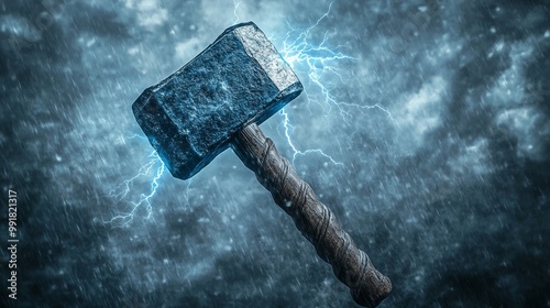 Mjolnir in the Storm 3D Render of Thor's Hammer with Lightning and Rain, Hammer, Thor, Mjolnir photo