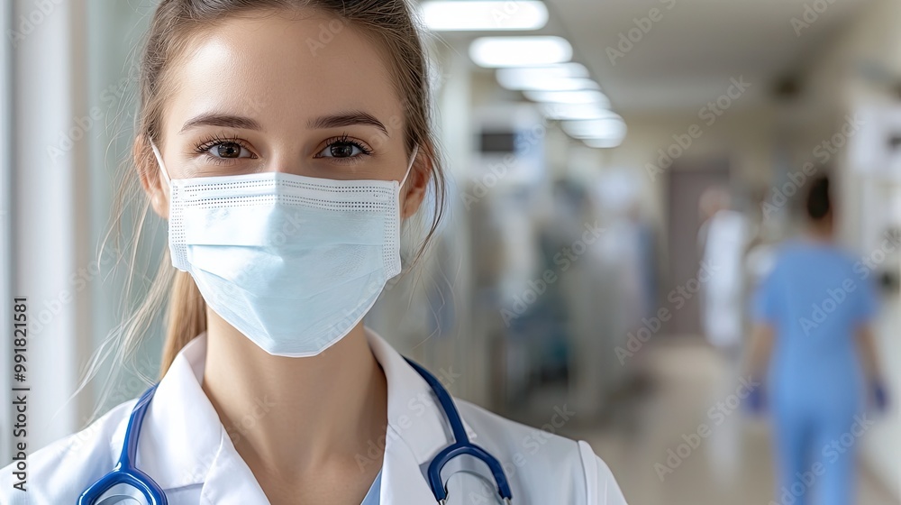 Smiling Nurse with Medical Mask in Hospital Setting Smiling Nurse with Medical Mask in Hospital Setting