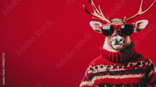 Reindeer in Red Sweater with Sunglasses Against a Red Background, Christmas, holiday, reindeer