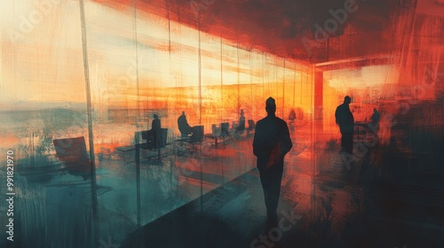 Silhouette Walking Towards a Sunset-Colored Office, Digital Painting, Abstract, Orange, Blue, Silhouette, Office