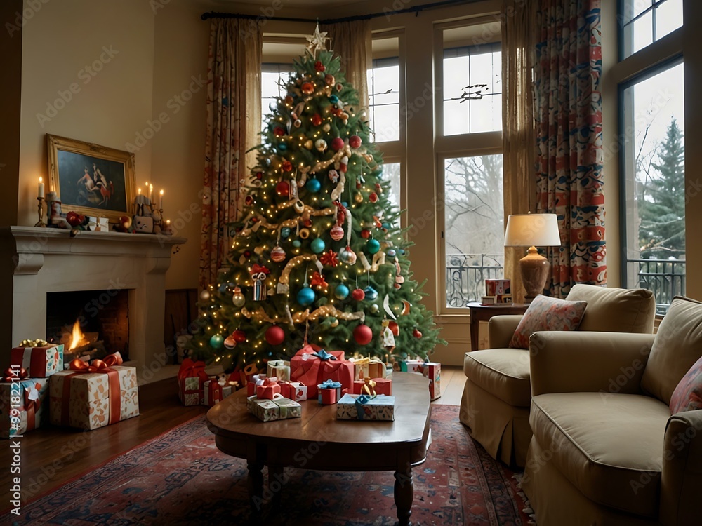 The living room features a magnificent Christmas tree surrounded by colorful wrapped gifts. The living room features a magnificent Christmas tree surrounded by colorful wrapped gifts.