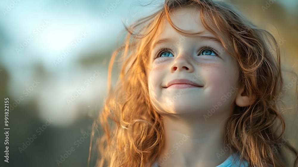 Fototapeta premium a little girl with long hair smiling and looking up at the sky