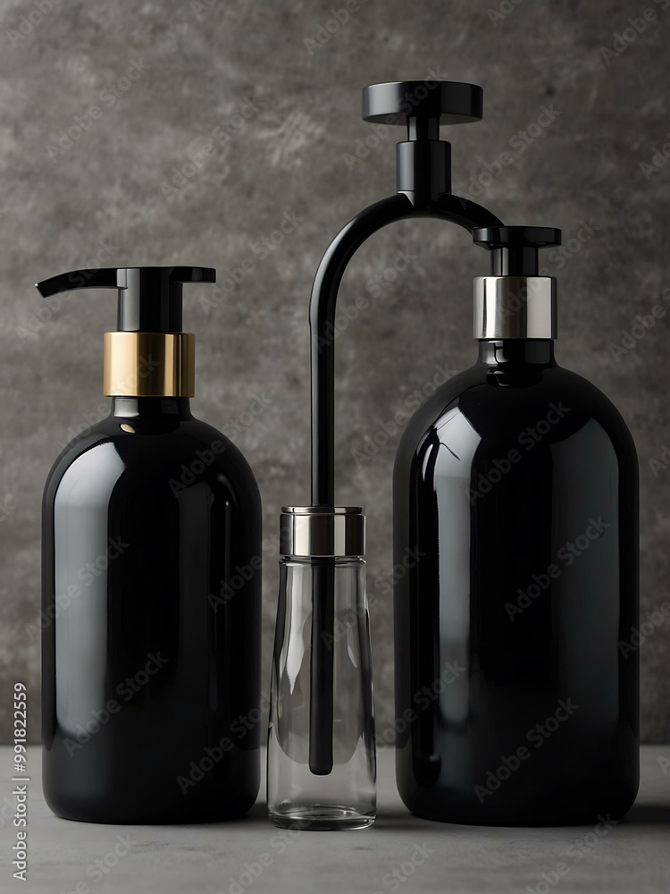 Three black pump bottles on a gray background. Three black pump bottles on a gray background.