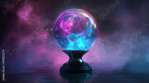 Mystical crystal ball with purple and blue smoke on a sleek black stand. Crystal Ball. Illustration photo