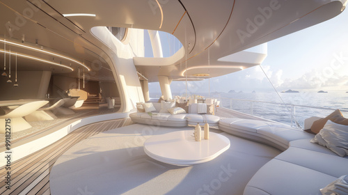 A large, modern yacht with a white interior and a blue ocean view. The yacht has a lot of white furniture, including couches and a coffee table. The room is well-lit and has a luxurious feel