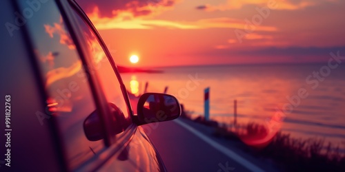 Car window view of a scenic sunset over the ocean. photo