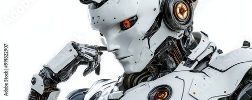 Thoughtful Robot with Metallic Details, 3D Render, White, Sci-Fi, Artificial Intelligence, Futuristic, Cyborg photo