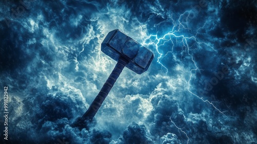 Thunderous Hammer in Stormy Sky, digital art, fantasy, lightning, storm, hammer, Mjolnir photo