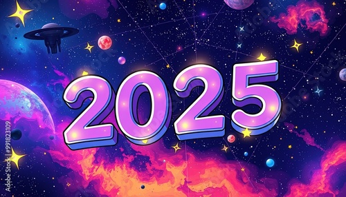Large number 2025 on blue background with planets and stars