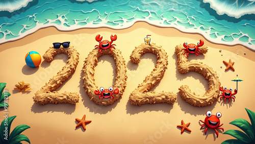 Large number 2025 on the beach