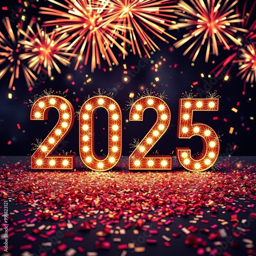 Glowing number 2025 on blue background with fireworks behind