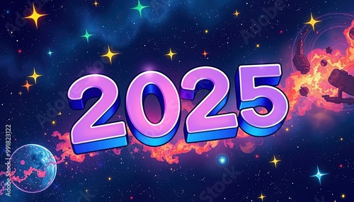 Large number 2025 on blue background with planets and stars