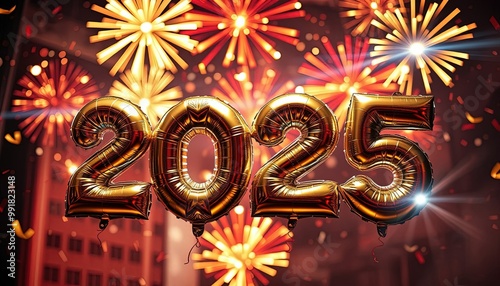 Large number 2025 made from balloons with fireworks on background