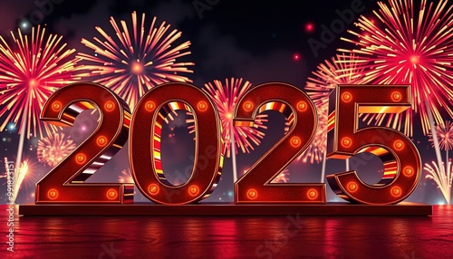 Large metalic number 2025 with fireworks on background.