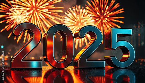 Large metalic number 2025 with fireworks on background.