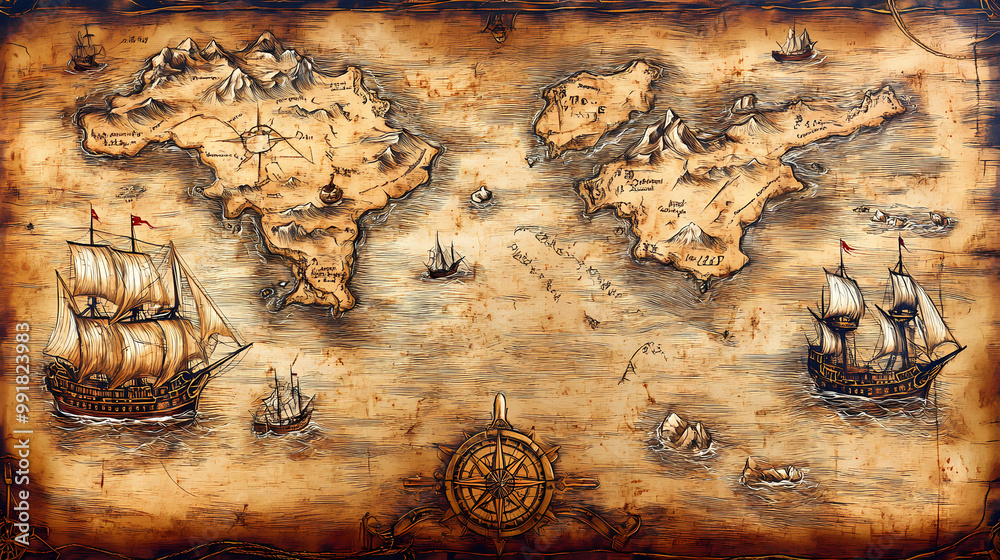 Fototapeta premium Pirate map with pirate ships, islands and nautical signs. drawing of an ancient treasure map for medieval epic fantasy adventure. Pirate Treasure Map. Illustration