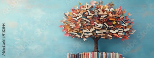 A tree made of books, with colorful leaves and various sizes representing different techniques for teaching reading skills
