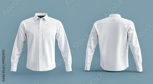 
White shirt mockup template with long sleeves, front and back view isolated on a blue background photo